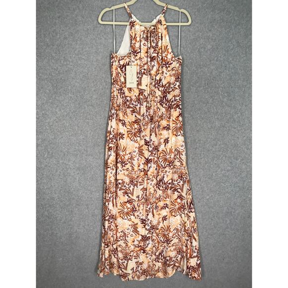 Joie Dress Medium Brown Floral Halter‎ Maxi Pleated Slit Neutral Sundress Resort - Picture 9 of 13